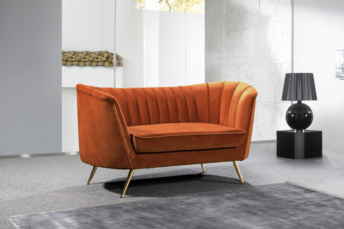 Velvet Upholstered Loveseat with Deep Channel Tufting and Rich Gold Stainless Steel Legs, Cognac, 65" W x 30" D x 33" H