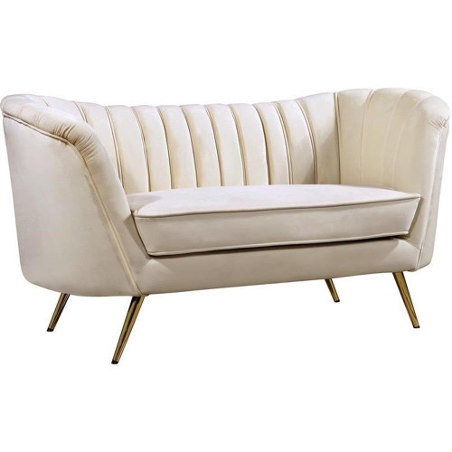 Velvet Upholstered Loveseat with Deep Channel Tufting and Rich Gold Stainless Steel Legs, Cream, 65" W x 30" D x 33" H