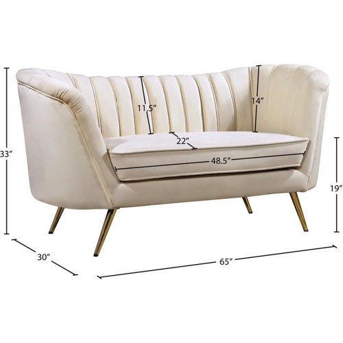 Velvet Upholstered Loveseat with Deep Channel Tufting and Rich Gold Stainless Steel Legs, Cream, 65" W x 30" D x 33" H