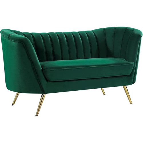 Velvet Upholstered Loveseat with Deep Channel Tufting and Rich Gold Stainless Steel Legs, Green, 65" W x 30" D x 33" H
