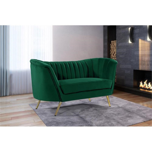 Velvet Upholstered Loveseat with Deep Channel Tufting and Rich Gold Stainless Steel Legs, Green, 65" W x 30" D x 33" H
