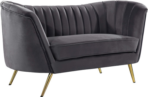 Velvet Upholstered Loveseat with Deep Channel Tufting and Rich Gold Stainless Steel Legs, Grey, 65" W x 30" D x 33" H