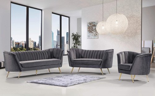 Velvet Upholstered Loveseat with Deep Channel Tufting and Rich Gold Stainless Steel Legs, Grey, 65" W x 30" D x 33" H