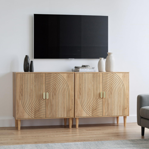 Oak Sideboard Cabinet, Freestanding Buffet Cabinet with Line Groove Design, Wood Storage Cabinet with Adjustable Shelf for Living Room, Entryway, Hallway
