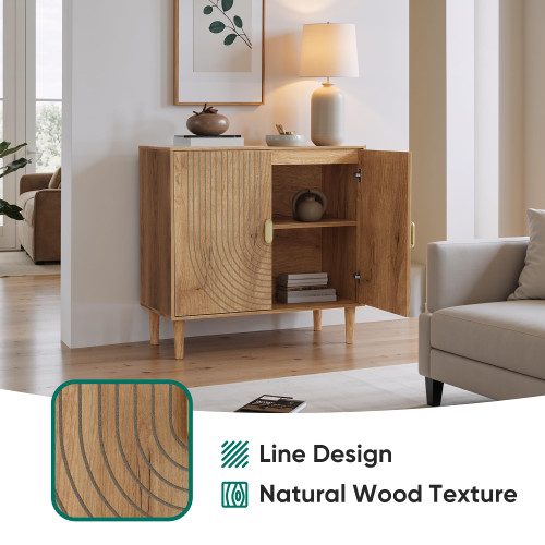 Oak Sideboard Cabinet, Freestanding Buffet Cabinet with Line Groove Design, Wood Storage Cabinet with Adjustable Shelf for Living Room, Entryway, Hallway