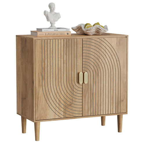 Oak Sideboard Cabinet, Freestanding Buffet Cabinet with Line Groove Design, Wood Storage Cabinet with Adjustable Shelf for Living Room, Entryway, Hallway