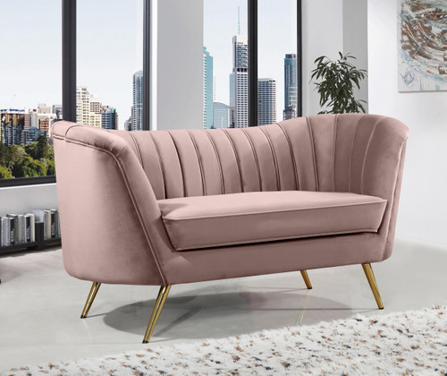 Velvet Upholstered Loveseat with Deep Channel Tufting and Rich Gold Stainless Steel Legs, Pink, 65" W x 30" D x 33" H