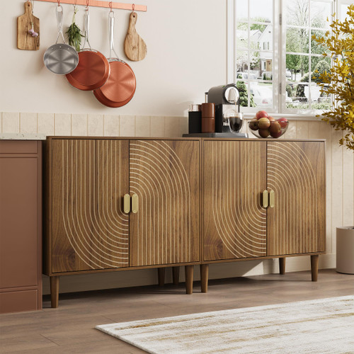 Walnut Sideboard Cabinet, Freestanding Buffet Cabinet with Line Groove Design, Wood Storage Cabinet with Adjustable Shelf for Living Room, Entryway, Hallway