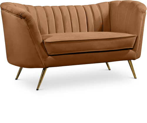 Velvet Upholstered Loveseat with Stainless Steel Base in a Rich Gold Finish, Saddle, 65" W x 30" D x 33" H