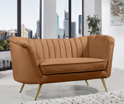 Velvet Upholstered Loveseat with Stainless Steel Base in a Rich Gold Finish, Saddle, 65" W x 30" D x 33" H
