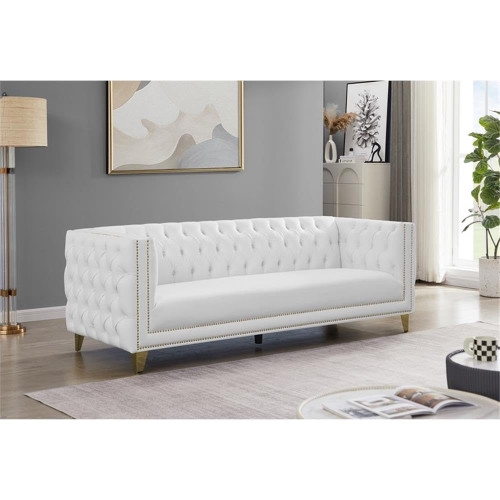 Sofa with Deep Button Tufting, Gold Nailhead Trim and Sturdy Gold Iron Legs, White Vegan Leather, 90" W x 34" D x 30" H