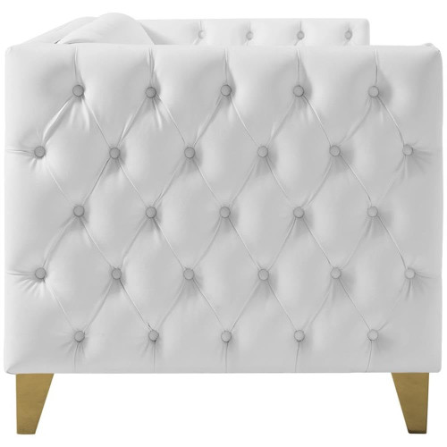 Sofa with Deep Button Tufting, Gold Nailhead Trim and Sturdy Gold Iron Legs, White Vegan Leather, 90" W x 34" D x 30" H