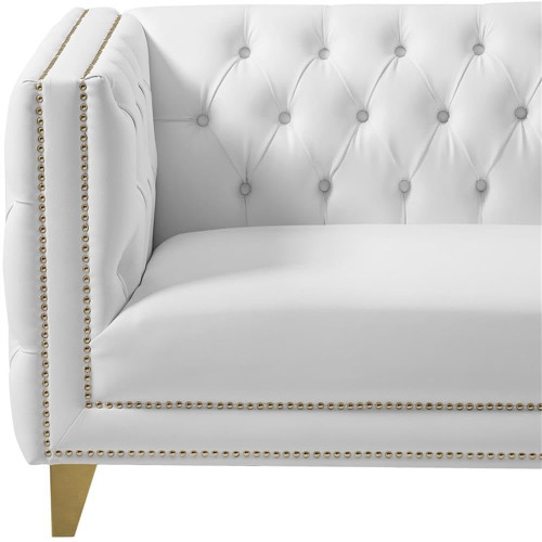 Sofa with Deep Button Tufting, Gold Nailhead Trim and Sturdy Gold Iron Legs, White Vegan Leather, 90" W x 34" D x 30" H