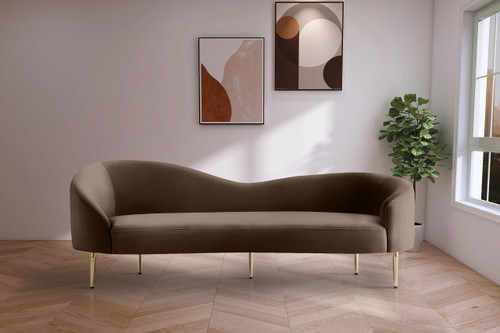Upholstered Sofa with Rich Brown Velvet, Gold Metal Legs, Curved Contemporary Design, 85.5" W x 31.75" D x 30.5" H, Brown