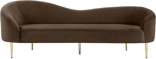 Upholstered Sofa with Rich Brown Velvet, Gold Metal Legs, Curved Contemporary Design, 85.5" W x 31.75" D x 30.5" H, Brown