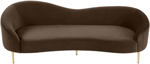 Upholstered Sofa with Rich Brown Velvet, Gold Metal Legs, Curved Contemporary Design, 85.5" W x 31.75" D x 30.5" H, Brown