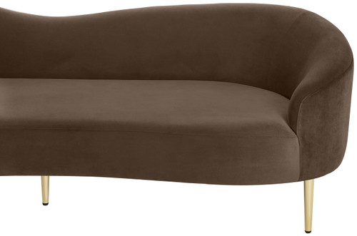 Upholstered Sofa with Rich Brown Velvet, Gold Metal Legs, Curved Contemporary Design, 85.5" W x 31.75" D x 30.5" H, Brown