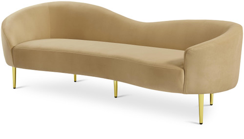 Upholstered Sofa with Rich Camel Velvet, Gold Metal Legs, Curved Contemporary Design, 85.5" W x 31.75" D x 30.5" H, Camel