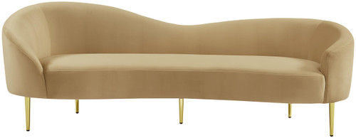 Upholstered Sofa with Rich Camel Velvet, Gold Metal Legs, Curved Contemporary Design, 85.5" W x 31.75" D x 30.5" H, Camel