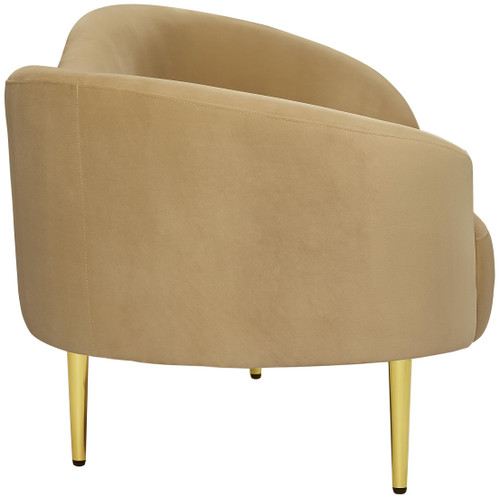 Upholstered Sofa with Rich Camel Velvet, Gold Metal Legs, Curved Contemporary Design, 85.5" W x 31.75" D x 30.5" H, Camel