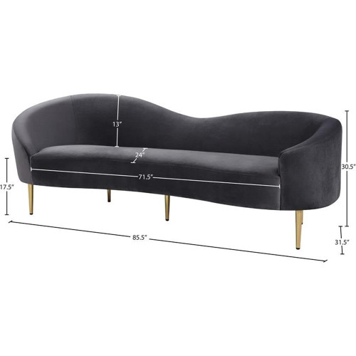 Velvet Upholstered Sofa With Sturdy Metal Legs in Rich Gold Finish, Grey, 85.5" W x 31.75" D x 30.5" H