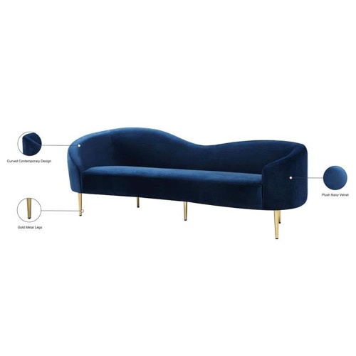 Velvet Upholstered Sofa With Sturdy Metal Legs in Rich Gold Finish, Navy, 85.5" W x 31.75" D x 30.5" H