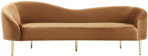 Upholstered Sofa with Rich Saddle Velvet, Gold Metal Legs, Curved Contemporary Design, 85.5" W x 31.75" D x 30.5" H, Saddle