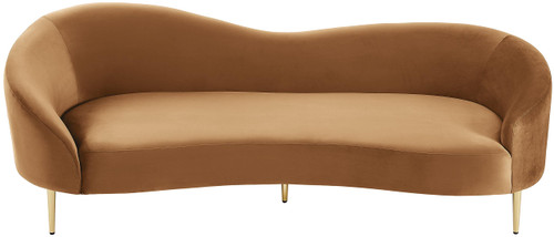 Upholstered Sofa with Rich Saddle Velvet, Gold Metal Legs, Curved Contemporary Design, 85.5" W x 31.75" D x 30.5" H, Saddle