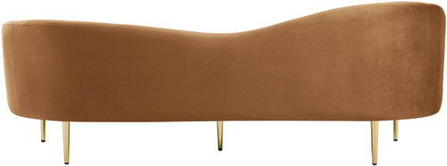Upholstered Sofa with Rich Saddle Velvet, Gold Metal Legs, Curved Contemporary Design, 85.5" W x 31.75" D x 30.5" H, Saddle