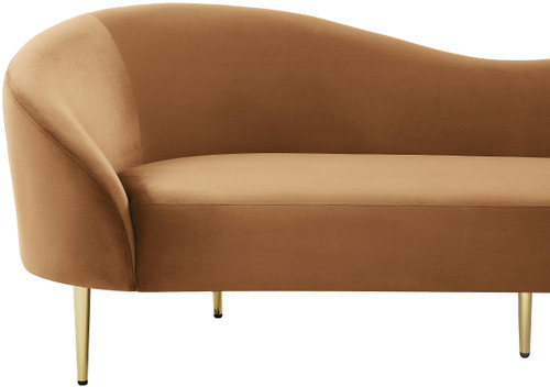 Upholstered Sofa with Rich Saddle Velvet, Gold Metal Legs, Curved Contemporary Design, 85.5" W x 31.75" D x 30.5" H, Saddle