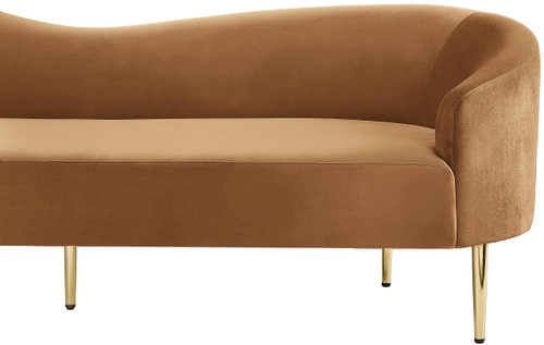 Upholstered Sofa with Rich Saddle Velvet, Gold Metal Legs, Curved Contemporary Design, 85.5" W x 31.75" D x 30.5" H, Saddle