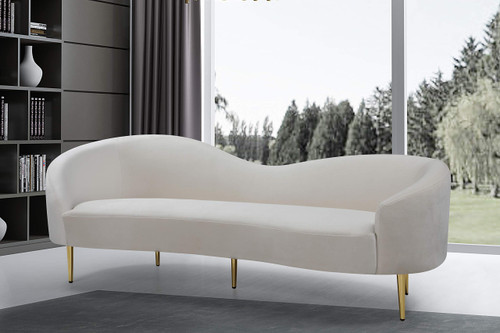 Velvet Upholstered Sofa With Sturdy Metal Legs in Rich Gold Finish, Cream, 85.5" W x 31.75" D x 30.5" H