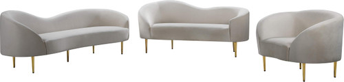 Velvet Upholstered Sofa With Sturdy Metal Legs in Rich Gold Finish, Cream, 85.5" W x 31.75" D x 30.5" H