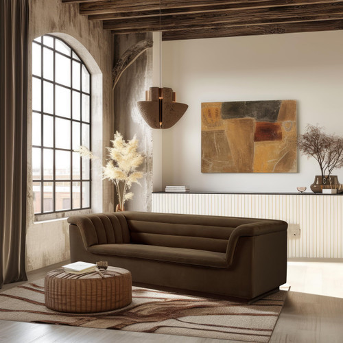 Velvet Upholstered Sofa with Soft Brown Velvet Fabric, Deep Channel Tufting, Curved Arms, 94" W x 34" D x 28" H, Brown