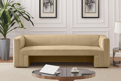Velvet Upholstered Sofa with Soft Camel Velvet, Solid Wood Frame, 89.5" W x 34.5" D x 28" H, Camel