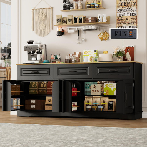 70” Large Sideboard Buffet Cabinet w/4 Doors,3 Drawers,Farmhouse Modern Kitchen Sideboard Cabinet w/8 Door Shelves,Wooden Coffee Bar Cabinets, Long Kitchen Buffet Table,Credenza for Dining Room,Black