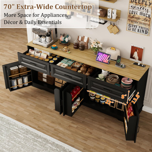 70” Large Sideboard Buffet Cabinet w/4 Doors,3 Drawers,Farmhouse Modern Kitchen Sideboard Cabinet w/8 Door Shelves,Wooden Coffee Bar Cabinets, Long Kitchen Buffet Table,Credenza for Dining Room,Black