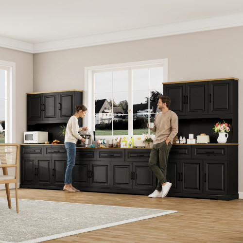 70” Large Sideboard Buffet Cabinet w/4 Doors,3 Drawers,Farmhouse Modern Kitchen Sideboard Cabinet w/8 Door Shelves,Wooden Coffee Bar Cabinets, Long Kitchen Buffet Table,Credenza for Dining Room,Black