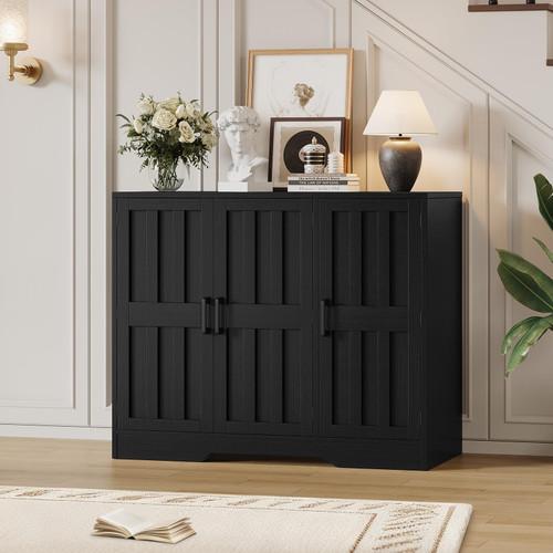 Modern Farmhouse Buffet Cabinet with Storage, 42" Large Sideboard Storage Cabinet with 3 Barn Doors, Coffee Liquor Bar Cabinet Wood Table Credenza with Adjustable Shelf for Kitchen Dining Living Room