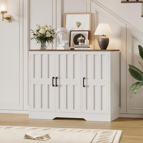 Modern Farmhouse Buffet Cabinet with Storage, 42" Large Sideboard Storage Cabinet with 3 Barn Doors, Coffee Liquor Bar Cabinet Wood Table Credenza with Adjustable Shelf for Kitchen Dining Living Room
