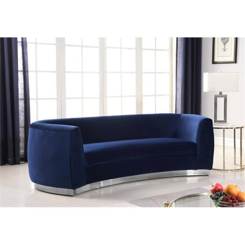 Velvet Upholstered Sofa with Stainless Steel Base in Polished Chrome Finish, Navy, 91.5" W x 36" D x 28" H