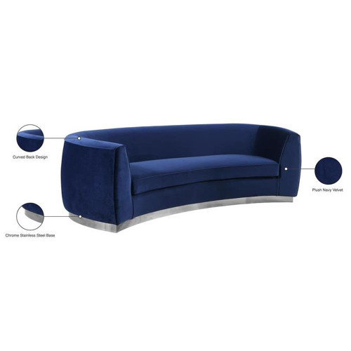 Velvet Upholstered Sofa with Stainless Steel Base in Polished Chrome Finish, Navy, 91.5" W x 36" D x 28" H