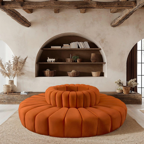 Modular Sofa with Soft Cognac Velvet, Deep Channel Tufting, Modular Design, 90 W x 90 D x 30 H, Cognac
