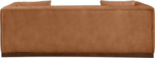Sofa with Soft Cognac Vegan Leather, Walnut Finish Solid Wood Base, Deep Channel Tufting, 90.5" W x 36" D x 28.5" H, Cognac