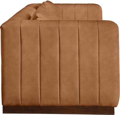 Sofa with Soft Cognac Vegan Leather, Walnut Finish Solid Wood Base, Deep Channel Tufting, 90.5" W x 36" D x 28.5" H, Cognac
