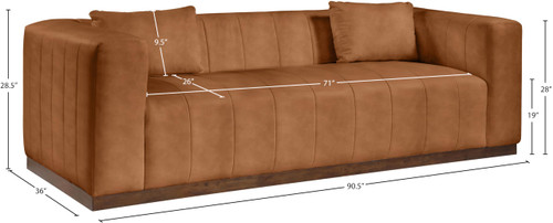 Sofa with Soft Cognac Vegan Leather, Walnut Finish Solid Wood Base, Deep Channel Tufting, 90.5" W x 36" D x 28.5" H, Cognac