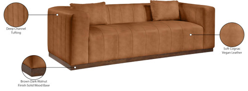 Sofa with Soft Cognac Vegan Leather, Walnut Finish Solid Wood Base, Deep Channel Tufting, 90.5" W x 36" D x 28.5" H, Cognac