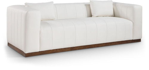 Sofa with Soft Cream Vegan Leather, Walnut Finish Solid Wood Base, Deep Channel Tufting, 90.5" W x 36" D x 28.5" H, Cream