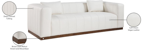 Sofa with Soft Cream Vegan Leather, Walnut Finish Solid Wood Base, Deep Channel Tufting, 90.5" W x 36" D x 28.5" H, Cream
