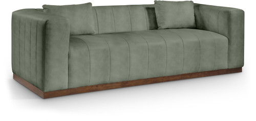 Sofa with Soft Green Vegan Leather, Walnut Finish Solid Wood Base, Deep Channel Tufting, 90.5" W x 36" D x 28.5" H, Green